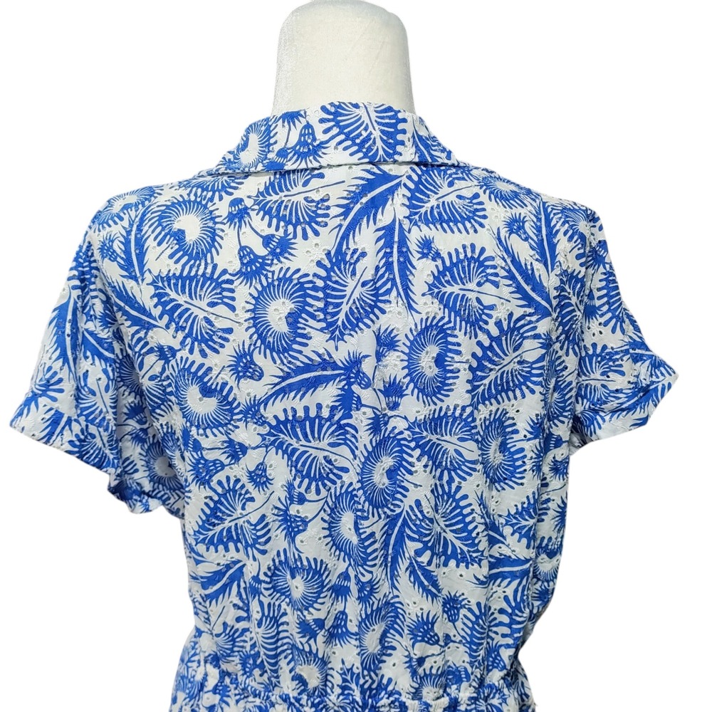 Ophelia Roe Eyelet Midi Dress Blue White Leaf Print Cottagecore Tradwife Size XL - Picture 8 of 13